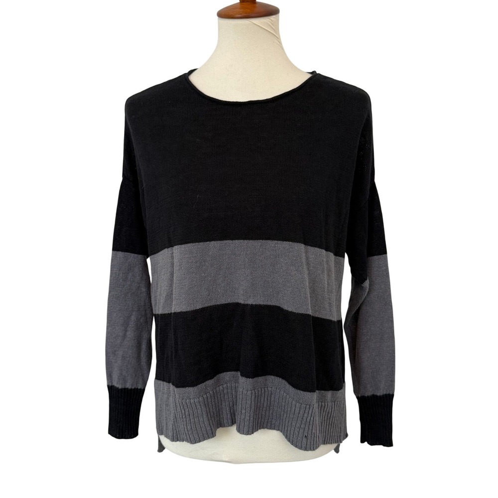 Eileen Fisher Womens XS 100% Linen Black Grey Striped Knitā Sweater Quiet Luxury